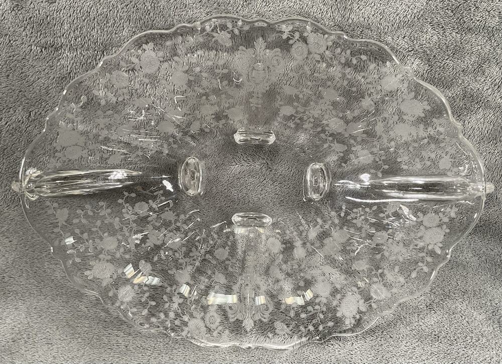 Etched Floral Glass Footed Oblong Serving Bowl 11.5 X 8.5 Serving Dish